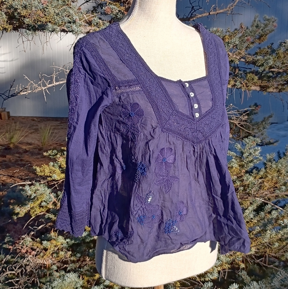 SOLD! Deep Purple 100% Cotton Lightweight Embroidered Beaded Babydoll Top.